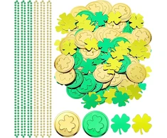 Otuuz St. Patrick's dienos stalo dekoracijos, 100 vienetų plastikinių dobilų, sėkmės monetos, 20g dobilų konfeti, konfeti dekoracija, 6 vienetai auksinių žalių perlų karolių, sėkmės monetos airiškiems vakarėlių maišeliams