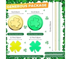 Otuuz St. Patrick's dienos stalo dekoracijos, 100 vienetų plastikinių dobilų, sėkmės monetos, 20g dobilų konfeti, konfeti dekoracija, 6 vienetai auksinių žalių perlų karolių, sėkmės monetos airiškiems vakarėlių maišeliams