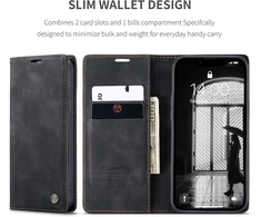 Owlhold dėklas iphone 16e, atverčiamas dėklas iphone 16e, aukščiausios kokybės pu odinis mobiliojo telefono dėklas, minkštas vintage stiliaus sulankstomas apsauginis dėklas su kortelių skyriumi ir stovo funkcija, skirtas iphone 16e - juodas