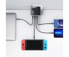 P4y kompaktiškas įkroviklis su 4 Usb prievadais (eu) 2x Usb-c+2x Usb Us-cc145 T44 greitas įkrovimas 100w Pd3.0 + Qc3.0 Afc, Fcp, Scp Gan lusto medžiaga: Abs juodas