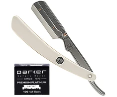 Parker Safety Razor Srw nerūdijančio plieno tiesaus krašto barzdaskutė ir 100 Shark Super Stainless peiliukų, balta