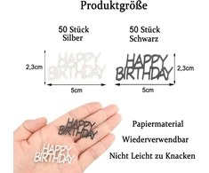 Parpix "happy Birthday" konfeti, dideli, 5 x 2,3 cm, 100 vnt., stalo dekoracija gimtadieniui, juodi sidabriniai, "happy Birthday" stalo dekoracija, blizgantys konfeti gimtadienio dekoracija, serpentinai gimtadieniui