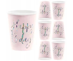 Party Deco Popieriniai gimtadienio puodeliai Happy Birthday rožiniai 220ml 6vnt