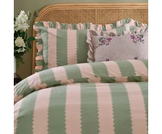 Patalynės komplektas Wylder Nature Birdie Stripe Ruffle patalynės užvalkalų komplektas - rožinis/žalias - vienvietis