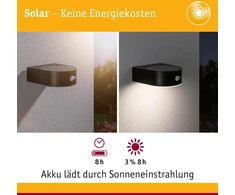 Paulmann Eileen 94570 Led saulės lauko sieninis šviestuvas su judesio davikliu Ip44 3000 K 300 lm komplekte 1 x 5,5 W šiltai balta juoda belaidė plastikinė įkraunama