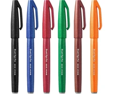 Pentel Sign Pen Ses15c - teptuko galiukas - pluošto galiukas - juoda, mėlyna, raudona, žalia, ruda, oranžinė, 6 vnt. dovanų dėžutėje