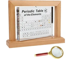 Periodinė elementų lentelė su tikrais elementais, 21 x 16 x 5,5 cm akrilo periodinė 83 elementų lentelė su 360° besisukančiu stovu, chemijos elementų studijų plakatas, periodinės lentelės ekranas, mokymo priemonė