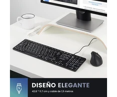 Perixx Periboard-331 pilno dydžio usb klaviatūra su apšvietimu ir laidu - žirkliniai klavišai type x - baltas apšvietimas - juoda - ispanų qwerty