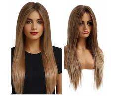 Perukas Lace Front ilgi tiesūs plaukai atrodantys blondinės ir rudos spalvos