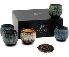 Pheniox Tibet Mini espresso puodelių rinkinys, 5 vnt., 100 ml, aukštos kokybės keramikos puodeliai, be rankenėlės, galima plauti indaplovėje, espresso, mocha, prieskonių puodeliai, dovana modernaus dizaino