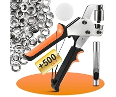 Philtool profesionalus replių rinkinys su 500 kilpomis (skersmuo 10 mm), replės kilpoms tentams ir audiniams, magnetinis kilpų presas pagamintas iš anglinio plieno, skylmušio replių rinkinys odai, diržui