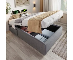 Pilka vienvietė lova 90x200 cm su dėže ir usb-c, be galvūgalio