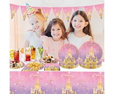 Piumoj princesės vakarėlio stalo įrankių rinkinys, princesės gimtadienio stalo įrankiai, rožinės pilies vakarėlio stalo įrankiai, popierinės lėkštės vaikų gimtadieniui princesė, servetėlės, staltiesė, mergaičių gimtadieniui, 10 svečių