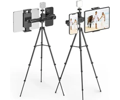 Planšetinio kompiuterio laikiklis, trikojis, ipad trikojo laikiklis, reguliuojamas aukštis iki 160 cm, su 2 laikikliais ir pasukama 1/4 colio rutuline galvute, planšetinio kompiuterio stovas, skirtas ipad pro, ipad air, ipad mini, 4,7–12,9 colio planšetin