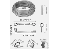 Plieninė virvė 30m, 3mm, nerūdijančio plieno, su įtempikliais