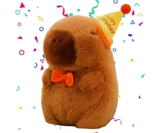 Plushies kapibara, 23 cm mielas kapibaros pliušinis žaislas su gimtadienio kepure, minkštas žaislas kawaii kapibara, itin minkšta įdaryta kapibara, plushies simuliacinis gyvūnas kapibara, kapibaros pliušinis žaislas vaikams