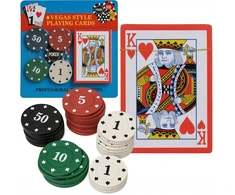 Pokerio rinkinys: žetonai 24vnt, kortų kaladė, žaidimo kortos su žetonais