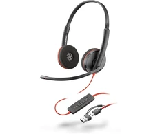 Poly Blackwire 3220 laidinės usb-c ausinės, triukšmą slopinantis mikrofonas, stereo dizainas, jungiasi prie pc/mac per usb-c arba usb-a, suderinamos su teams/zoom, soundguard technologija