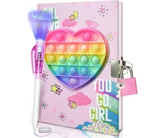 Pop dienoraštis mergaitėms su užraktu ir nematoma dvigubo galo rašikliu, 19 x 13.5 cm, 80 linijuotų lapų, loving heart pop fidget dienoraštis vaikams, slaptas užrašų knygelės ir rašiklio rinkinys, dovanos mergaitėms
