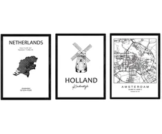 Posteriu ir paminklų šalių rinkinys. Amsterdamo miesto žemėlapis, Nyderlandų Kinderdijk paminklo žemėlapis. A3 formatas