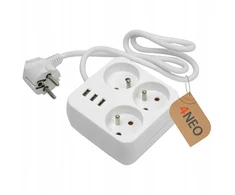 Prailginimo laidas su 3 Usb ir 3 lizdais, 2m, baltas