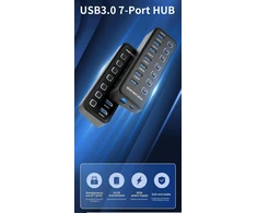 Premiumcord Superspeed Usb šakotuvas, 7x Usb Type A, Usb 3.2 Gen 1 5gbps, prievadų jungiklis, Hot-lug, Led, juodas, kabelio ilgis 1 m