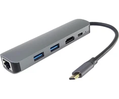 Premiumcord usb-c dokas su 4k hdmi, 2x usb 3.2, rj45 10/100/1000mbps ir pd 100w, uhd 4k 2160p 30hz rezoliucija, full hd 1080p, usb 3.2 type c, plug and play, aliuminio korpusas, ilgis 20 cm