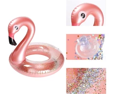 Pripučiamas flamingas baseinui su gėrimų laikikliu rinkinys, elegantiškas vinilinis plaukiojantis žaislas su blizgučiais, vandens poilsio gultas su plaukiojančiais padėkliukais vaikams, 2 vnt.