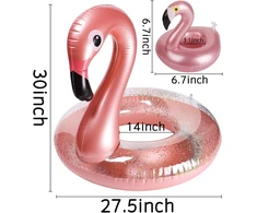 Pripučiamas flamingas baseinui su gėrimų laikikliu rinkinys, elegantiškas vinilinis plaukiojantis žaislas su blizgučiais, vandens poilsio gultas su plaukiojančiais padėkliukais vaikams, 2 vnt.