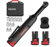 Pulituo 12 V 3/8 colio prailginto kaklelio elektrinis terkšlinis raktas, 40 pėdų-svarų prailginto akumuliatoriaus terkšlinio rakto rinkinys su 2 x 2,0 Ah akumuliatoriais ir greitu įkrovimu, 300 Rpm belaidis terkšlinis raktas su 10 įdėklų