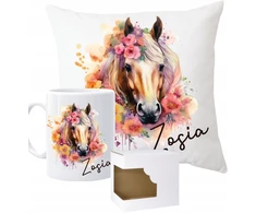 Puodelis + pagalvė su arkliu spalvingas boho arklys + bet koks vardas