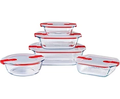 Pyrex® - Cook &amp; Heat - 5 stiklinių indų rinkinys su hermetiškais dangteliais, tinkamas naudoti mikrobangų krosnelėje, be Bpa