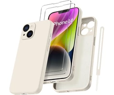 Qasyfanc silikoninis telefono dėklas, skirtas iphone 14, su 2 apsauginėmis plėvelėmis, itin mikropluošto tpu skystas silikonas su kameros apsauga, atsparus įbrėžimams, visapusiška apsauga, 6,1 colio (baltas)