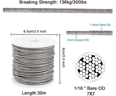 Qimei-shop vielinis trosas 30 m 2 mm nerūdijančio plieno kabelis su kilpomis sodo viela su dengtu M5 trosų įtempikliu Turnbuckle vielinio тросо gnybtu pakabinamai užuolaidų virvei skalbinių virvei