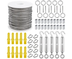 Qimei-shop vielinis trosas 30 m 2 mm nerūdijančio plieno kabelis su kilpomis sodo viela su dengtu M5 trosų įtempikliu Turnbuckle vielinio тросо gnybtu pakabinamai užuolaidų virvei skalbinių virvei