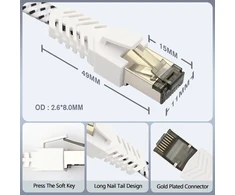 Qiuean Lan kabelis 30 m, Cat 8 tinklo kabelis nailono pynimo plokščias didelio greičio ethernet kabelis 40 gbps 2000 mhz s/ftp patch kabelis su nikeliu dengta rj45 jungtimi, skirtas ps5/laptop/router/gaming/modem