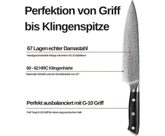 Qomparo Damasko peilis, 20 cm ašmenys, 67 sluoksniai Vg-10 Damasko plieno profesionalus virtuvinis peilis, itin aštrus japoniškas šefo peilis su ergonomiška G-10 rankena ir dovanų pakuote