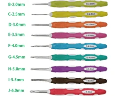 Quupy 9 aliumininių nėrimo vąšelių rinkinys su minkštomis rankenomis, skirtas artritinėms rankoms, nuo B-2,0 mm iki J-6,0 mm, įvairiaspalvis