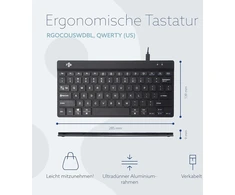 R-go Compact Break klaviatūra, Qwerty Us išdėstymas, su pertraukos ekranu, ergonomiškas plokščias dizainas, laidinė, juoda