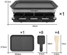 Sumuštinių keptuvas Raclette grilis 8 asmenims, 8 mini raclette keptuvės sūriui ir garnyrams gaminti bei medinė mentelė, lankstus temperatūros valdymas, didelis kvadratinis nelipnus kepimo paviršius