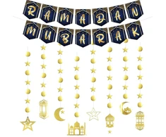 Ramadan Mubarak auksinės žvaigždės mėnulio žibinto girlianda, Eid Mubarak pakabinamas ženklas islamo dekoracijos Eid festivalio vakarėlio dekoravimui, Ramadan Kareem dekoro reikmenys