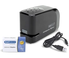 Rapesco 1454 automatinis Usb akumuliatorinis segiklis su Usb laidu ir 26/6 mm kabėmis, juodas