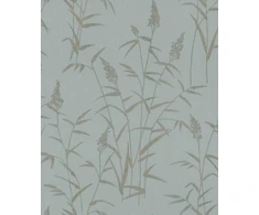 Rasch Deco Style 312942 flizelininiai tapetai su tekstūruotu fonu mėlyna spalva ir botaniniu raštu aukso rudos spalvos