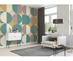 Rasch tapetai 363982 - fototapetai ant neaustinės medžiagos su apskritu raštu, petrolio, geltonos, rudos ir smėlio spalvos iš kolekcijos Magicwalls - 3,00 m x 3,18 m (ilgis x plotis)