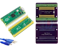Raspberry Pi Pico su Gpio išplėtimo plokšte ir Micro Usb kabeliu