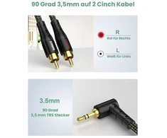 Rawaux rca į jack 3.5 mm kabelis 90 laipsnių 3.5 mm jack į 2 rca kabelis 24k paauksuotas stereo rca audio kabelis televizoriui, išmaniajam telefonui, nešiojamam kompiuteriui, namų kinui, stiprintuvui (1 m, 3.5 x 2 rca - juodas)