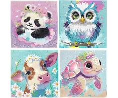 Realjoy 4 dalių deimantų tapybos rinkinys vaikams, 15 x 15 cm deimantų tapybos paveikslėliai vaikams nuo 6 7 8 9 10 11 12 metų, pasidaryk pats mozaikos rinkinys panda vėžlys pelėda karvė, kalėdos, sienų dekoracijos