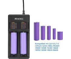 Reancell 18650 įkroviklis, universalus baterijų įkroviklis su 2 lizdais, skirtas 3.7 V 18650, 26650, 18500, 18350, 17670, 17500, 16340, 14500, 10440 ličio jonų baterijoms, su usb laidu