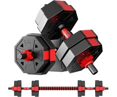Reguliuojamas hantelių rinkinys 10 kg, aštuonkampio formos hanteliai 2 viename hantelių ir štangos rinkinys su jungiamąja detale, be ratukų, skirtas jėgos sportui, fitnesui, namų sporto salei