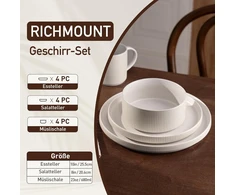 Richmount Star 12 dalių lėkščių rinkinys, indų rinkinys 4 asmenims, akmens masės indų rinkinys, atsparus įbrėžimams, tinkamas naudoti mikrobangų krosnelėje ir indaplovėje, visiškai blizgus matinis baltas
